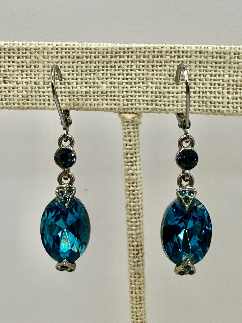 Vintage Givenchy 4G Signed Teal Blue Crystal Drop Leverback Earrings Rare